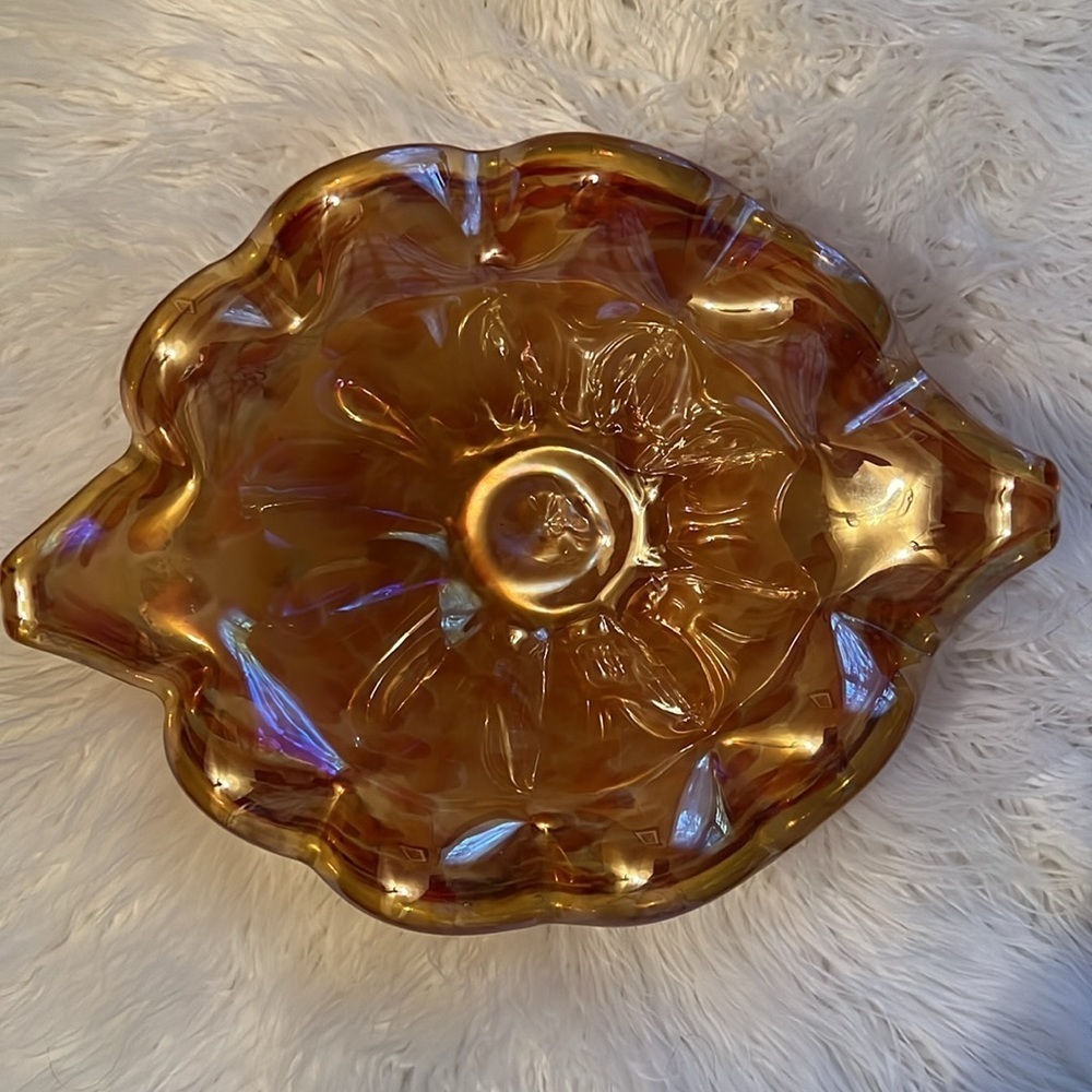 Vintage Scalloped Candy Dish Murano Italy White Crystal Amber Glass